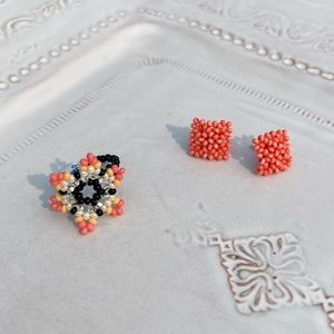 Mexican Hand-Beaded Coral Studs and Ring